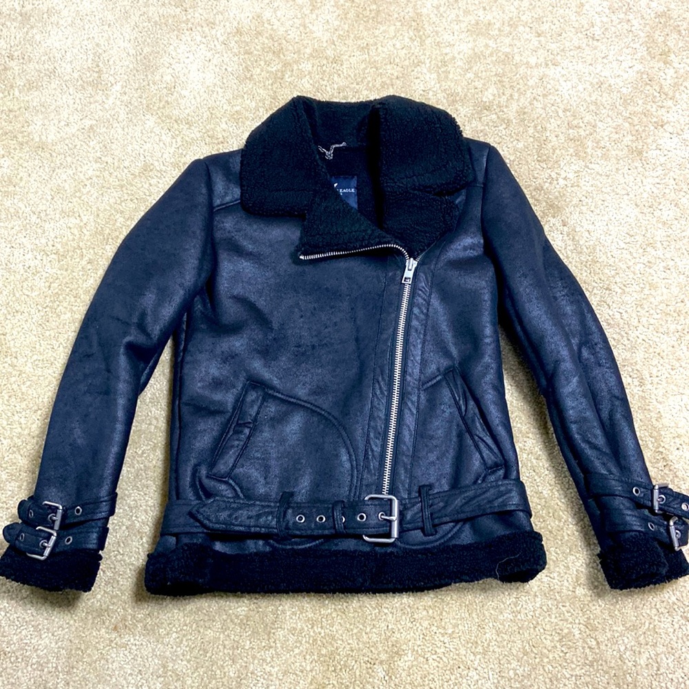 NEW American Eagle faux leather suede Sherpa lined biker moto bomber jacket XS